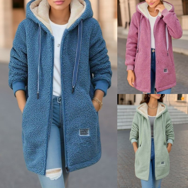 Long coat with hood and fleece lining