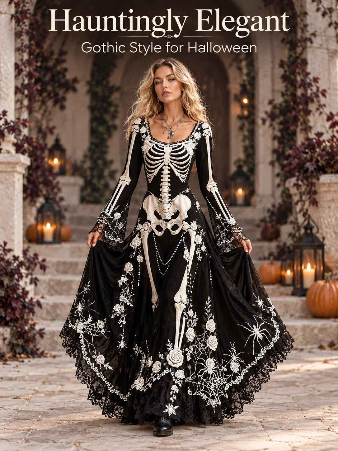 🕸️ Gothic Skeleton Maxi Dress – Dramatic Bell Sleeves & Halloween Elegance 🖤