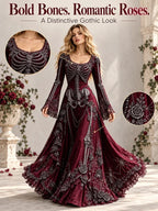 🕸️ Gothic Skeleton Maxi Dress – Dramatic Bell Sleeves & Halloween Elegance 🖤