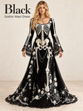 🕸️ Gothic Skeleton Maxi Dress – Dramatic Bell Sleeves & Halloween Elegance 🖤
