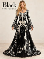 🕸️ Gothic Skeleton Maxi Dress – Dramatic Bell Sleeves & Halloween Elegance 🖤
