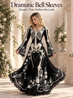 🕸️ Gothic Skeleton Maxi Dress – Dramatic Bell Sleeves & Halloween Elegance 🖤