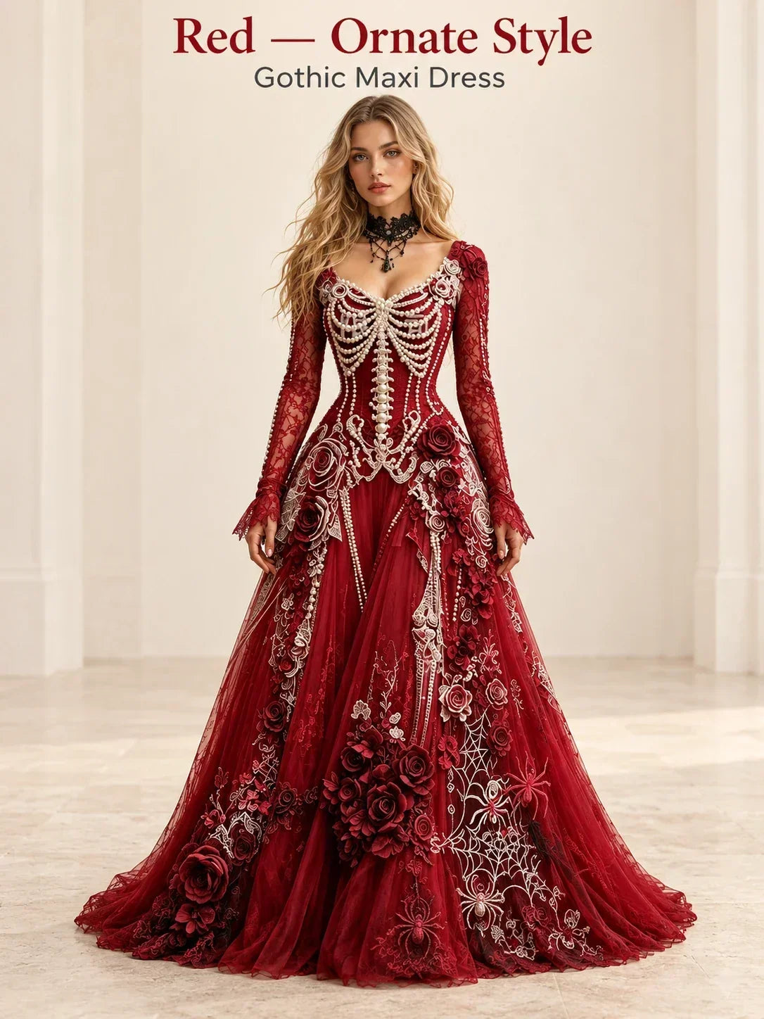 🕸️ Gothic Skeleton Maxi Dress – Dramatic Bell Sleeves & Halloween Elegance 🖤