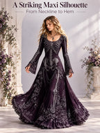 🕸️ Gothic Skeleton Maxi Dress – Dramatic Bell Sleeves & Halloween Elegance 🖤
