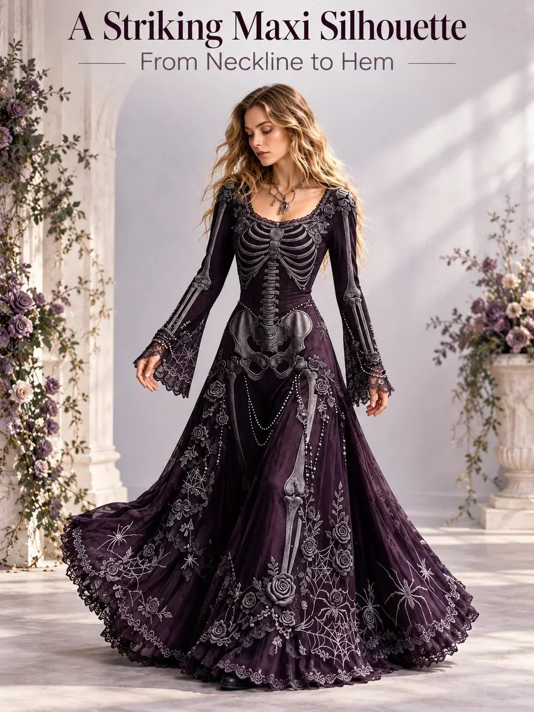 🕸️ Gothic Skeleton Maxi Dress – Dramatic Bell Sleeves & Halloween Elegance 🖤