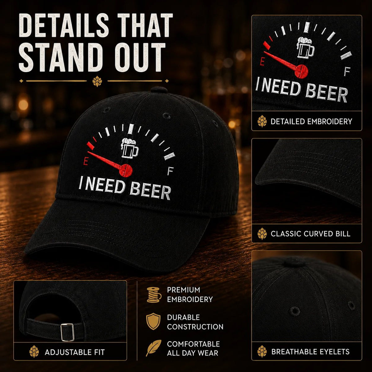 🧢 "I Need Beer" Embroidered Fuel Gauge Cap: Novelty Baseball Hat! 🍺✨