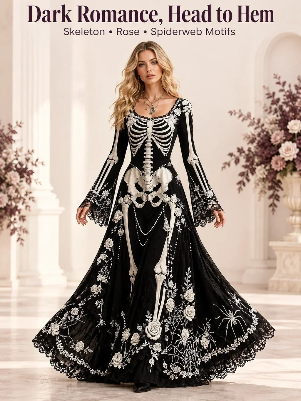 🕸️ Gothic Skeleton Maxi Dress – Dramatic Bell Sleeves & Halloween Elegance 🖤