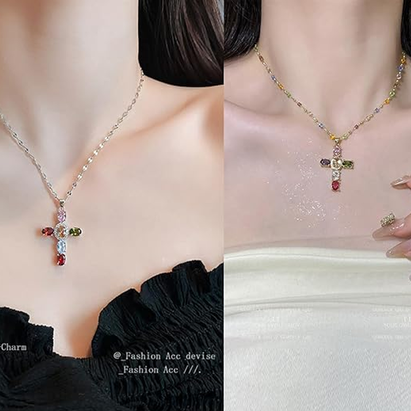 ⏳Limited-time 50% off⏰Colorful Rhinestone Cross Pendant Necklaces✝️🌈