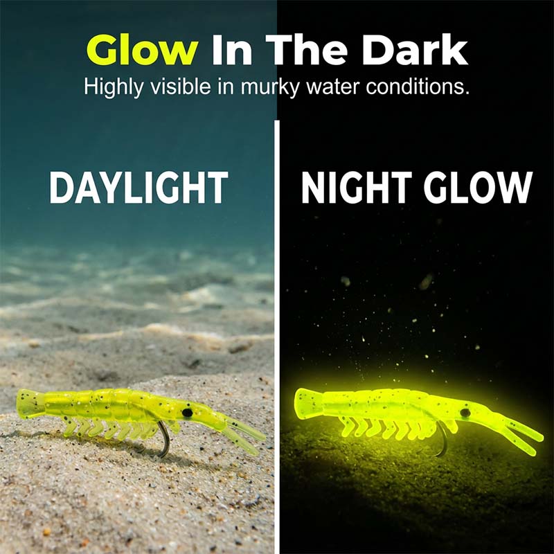 🦐🎣50PCS Luminous Shrimp Lures – Glow in the Dark & Sharp Hooks 🌙✨
