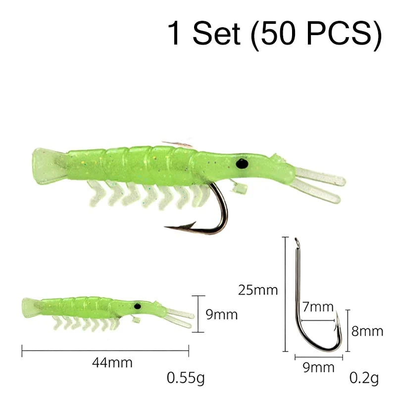 🦐🎣50PCS Luminous Shrimp Lures – Glow in the Dark & Sharp Hooks 🌙✨